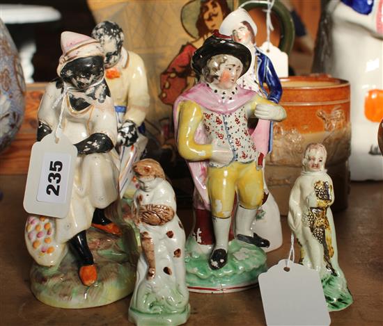 Pair pearlware allegorical small figures, 4 Staffordshire figures, Doulton harvest mug & a Series ware jug (8, a.f)